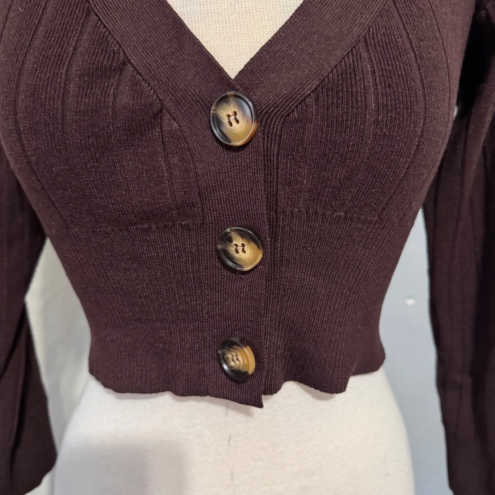 All The Ways Brown Ribbed Knit Cropped Cardigan V - Image 2