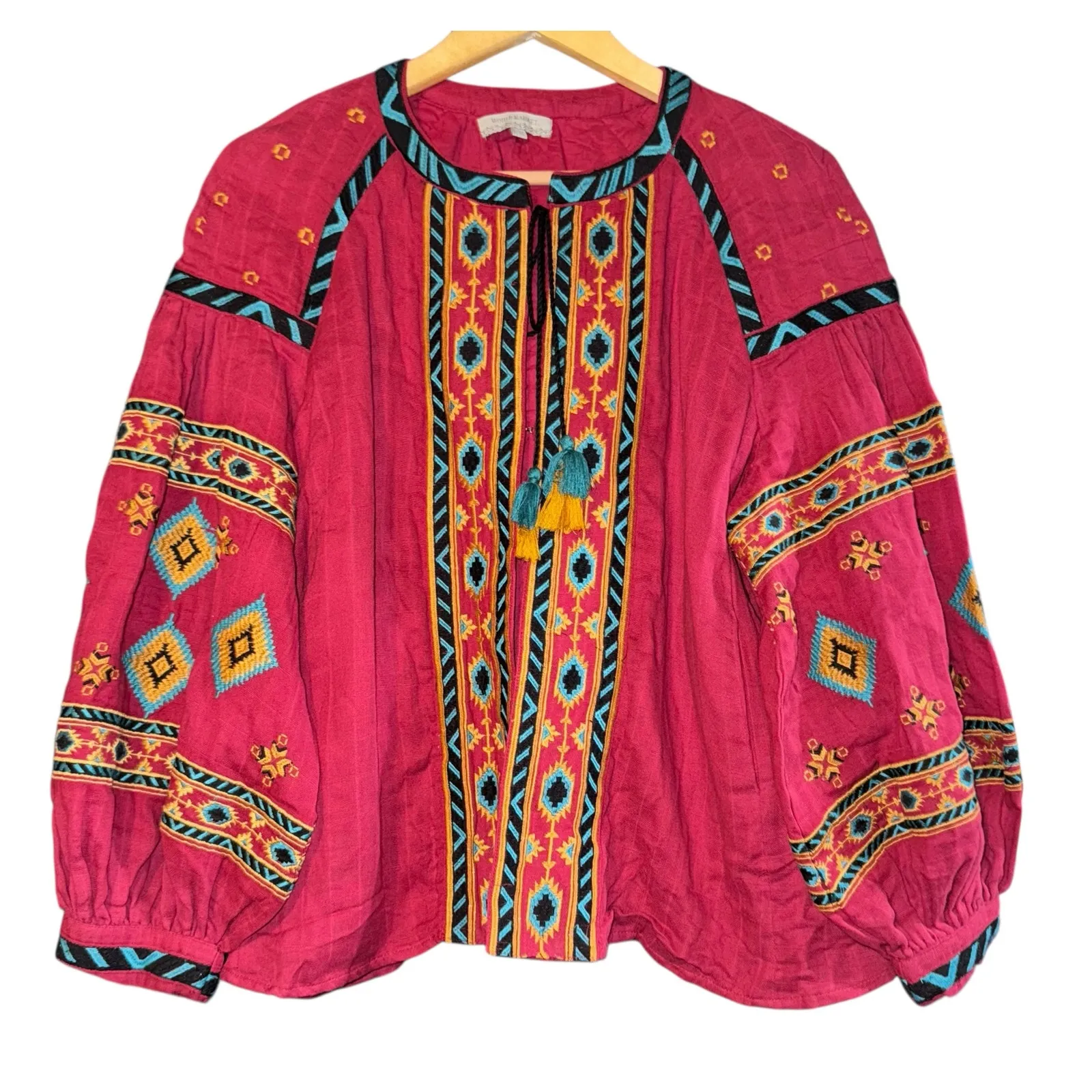 World Market Embroidered Puff Sleeve Jacket L/XL Southwestern Boho Aztec Gauzy Red - Image 2