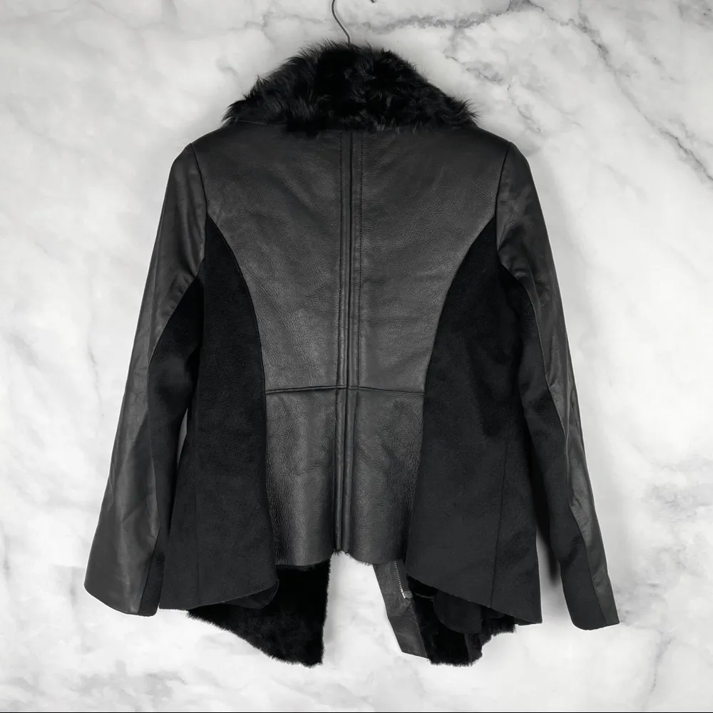 Ashley B Leather Shearling Wool Zipper Cowl Moto Biker Coat Jacket Black S $1795 - Image 10