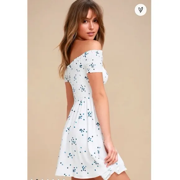 Lulu's White and Blue Printed Off-the-Shoulder Dress Polka Dot Sundress XS - Image 2