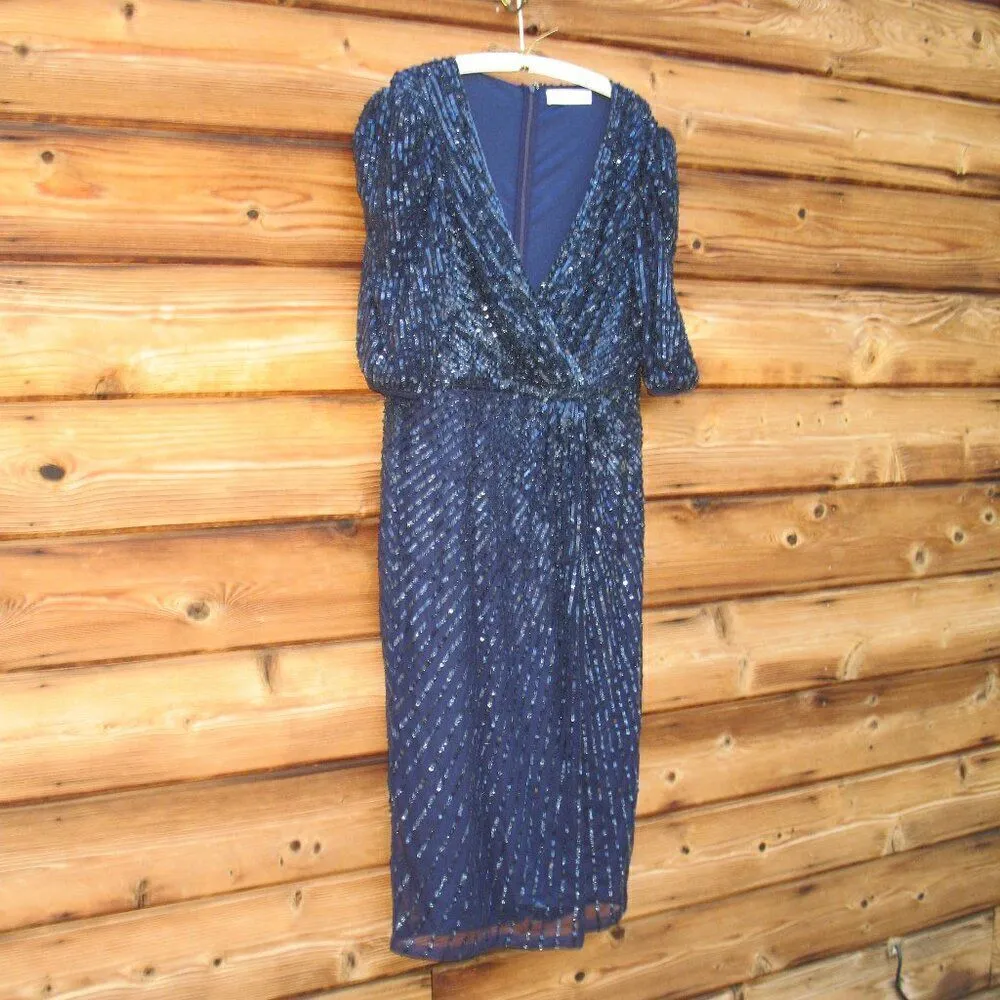 Mac Duggal 5578 Womens Sequined V Neck Short Puff Sleeve Midi Dress - Image 7