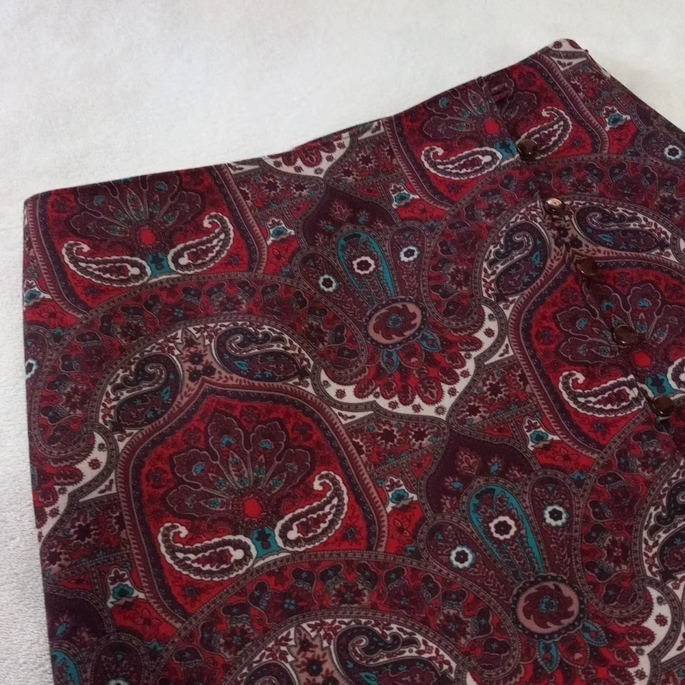 Talbots Red Opulent Paisley Faux Wrap Side Button Pencil Skirt - Image 2