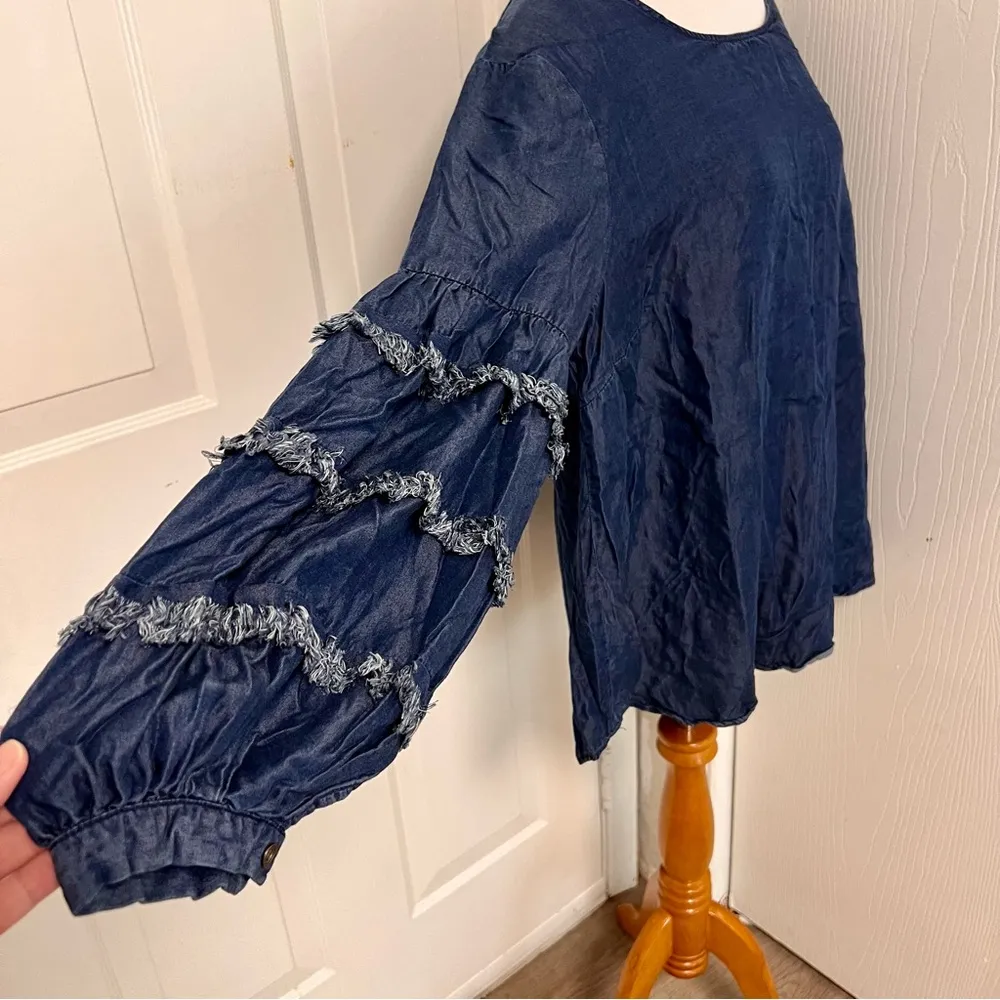 Jane and Delancey Chambray Blouse Tiered Fringe Sleeves - Image 2