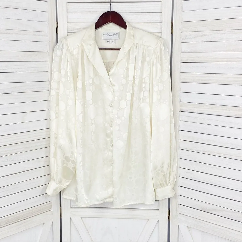 Helen Fabrikant Vintage Satin Jacquard‎ V Neck Blouse Cream Medium Long Sleeve - Image 7