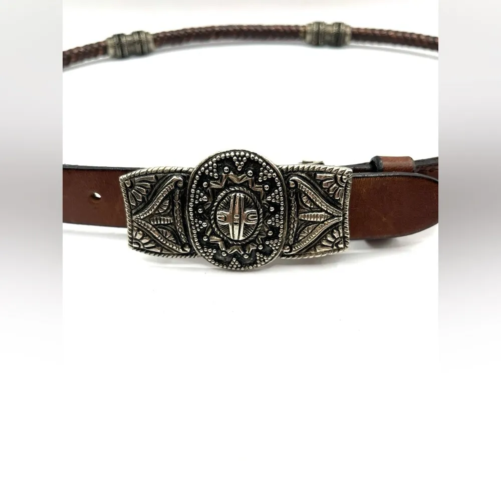 Vintage Chicos Belt Brown Genuine Leather Buckle Unique Southwest Braided Belt - Image 3