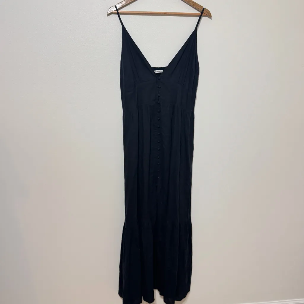 Abercrombie & Fitch Linen Black Button Through Plunge Maxi Dress Large Tall - Image 3