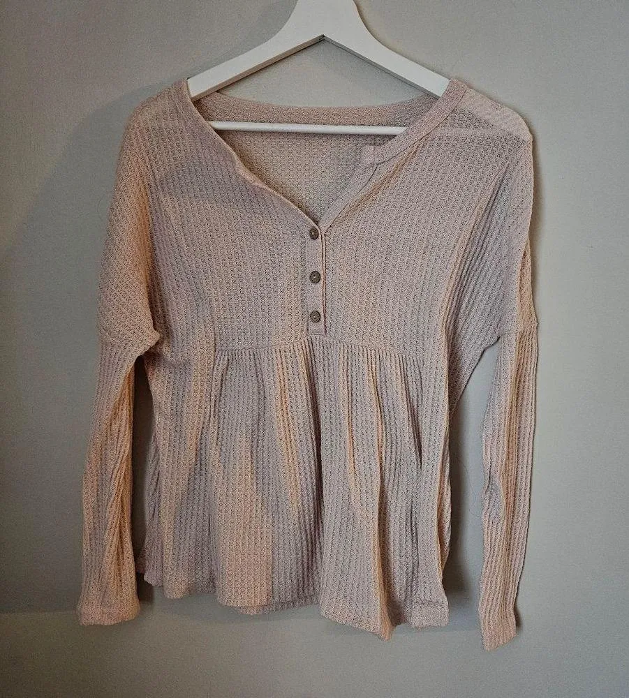 Shein Thermal Top Long Sleeve V-Neck Button front Casual Neutral Cream - Image 10