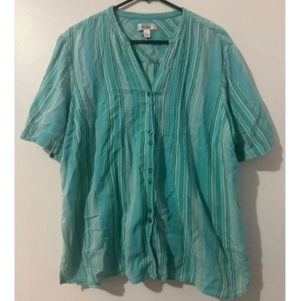 Dressbarn Womens 100% Cotton Blue Striped Button Front Shirt sz 22 Beachy‎ Light - Image 2