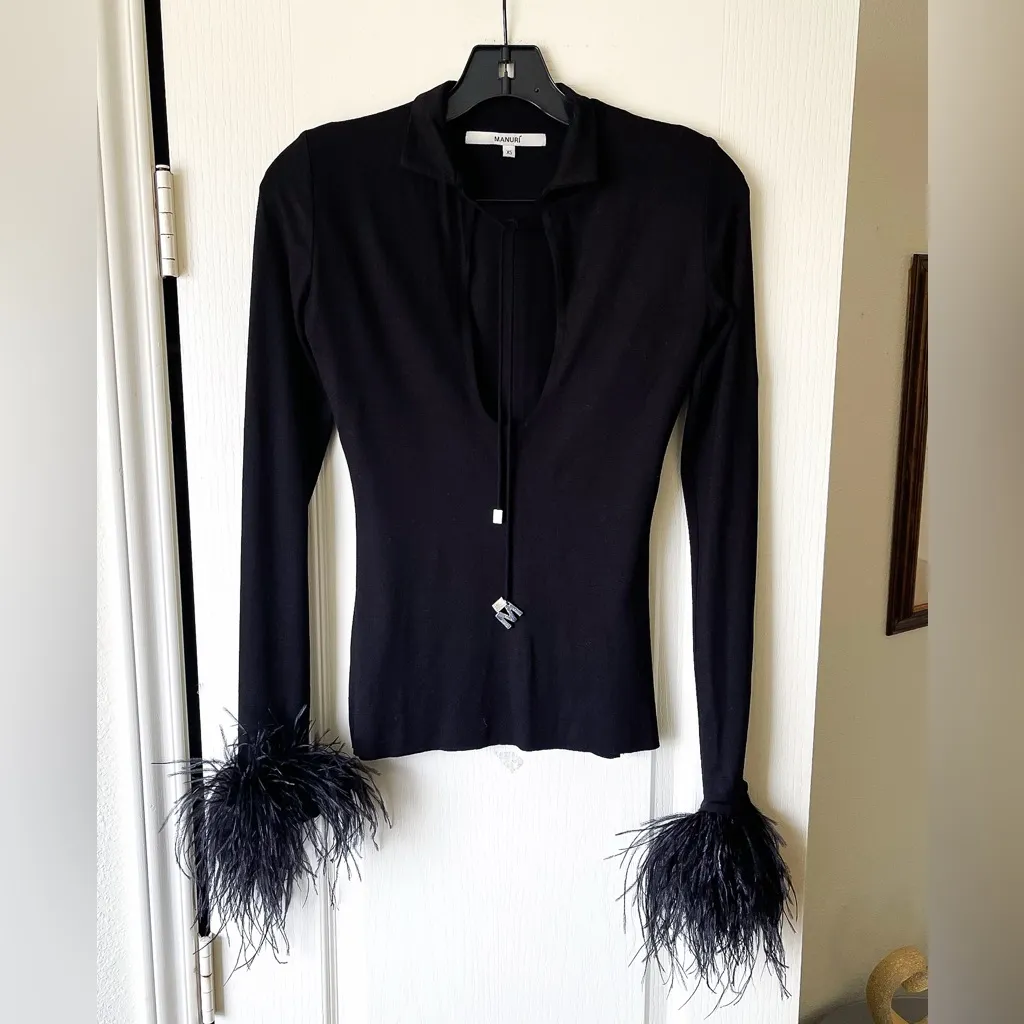 Manuri Luna M Feather Sleeve Stretch Blouse Cutout Black XS EUC - Image 2