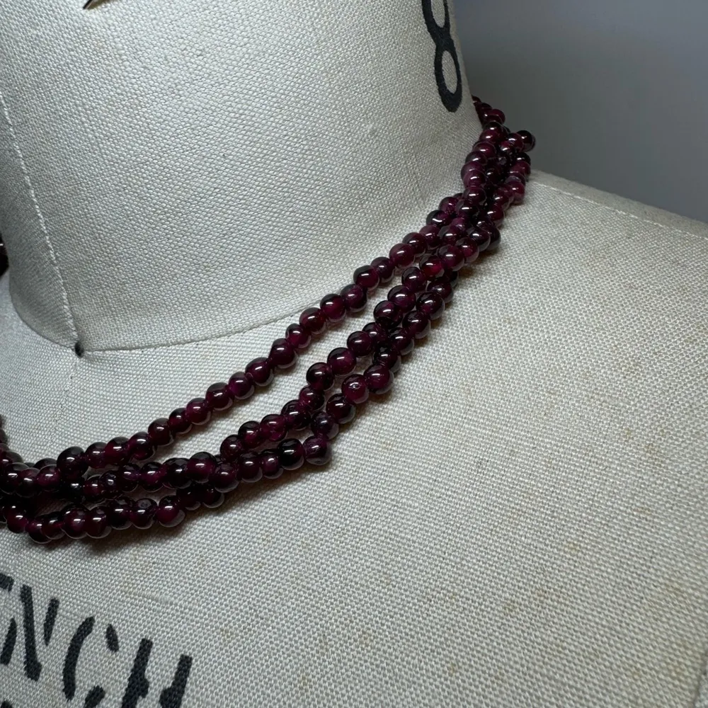 Vintage Garnet Elegant dark Burgundy Beaded Necklace three strands 16 inch Red - Image 2