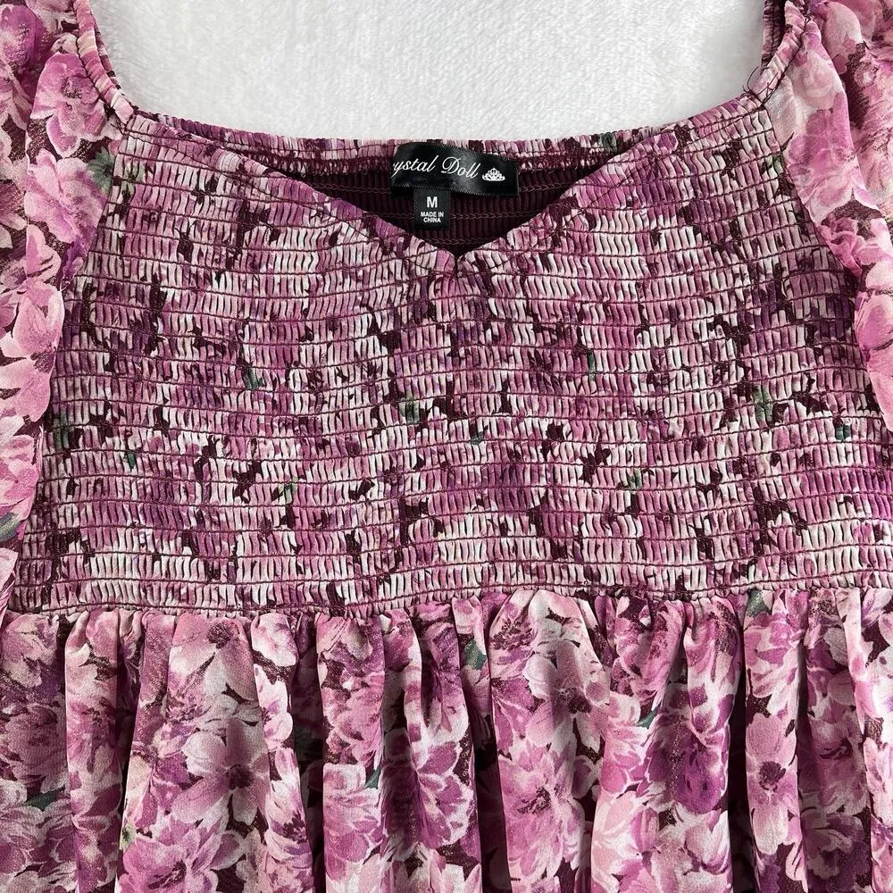 Crystal Doll Junior M Dress Milkmaid Sheer Smocked Pink Floral Print Tiered - Image 4