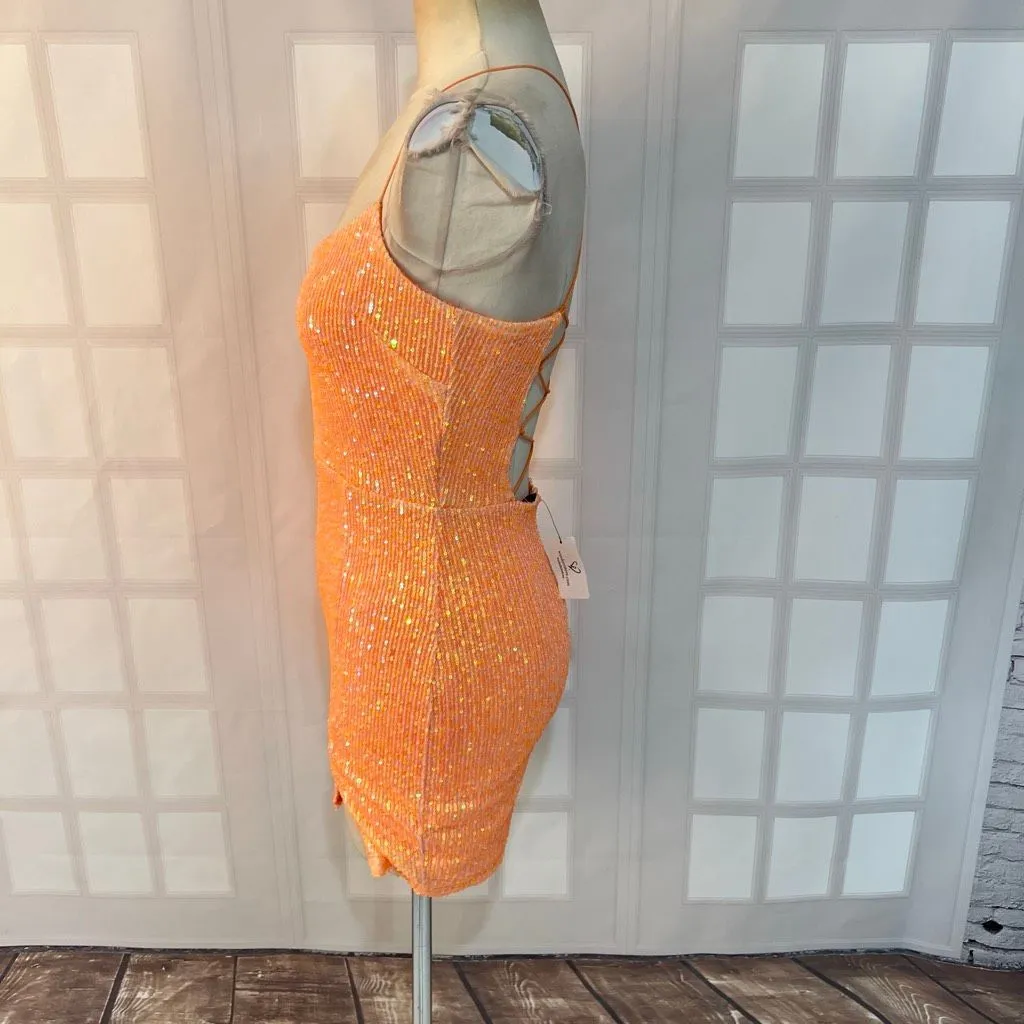 Windsor NWT Dazzle Down Sequin Lace-Up Mini Dress in peach size medium - Image 10