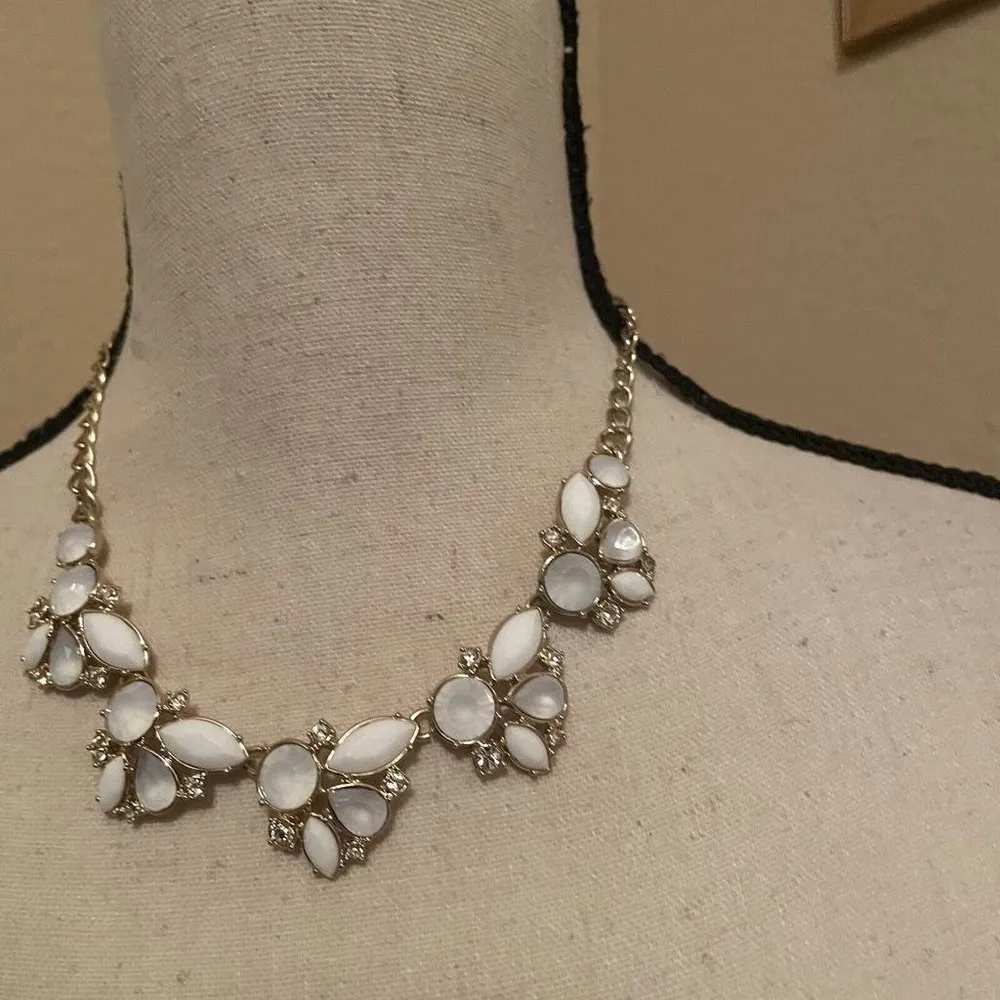 Gold Tone / White Rhinestone Statement Costume Necklace - Image 8