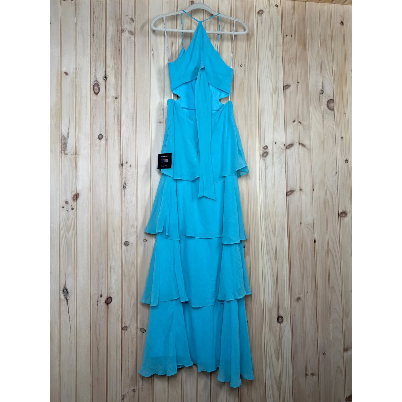 NWT Lulus Tier and Now Blue Tie-Back Tiered Maxi Dress Dance Gala Wedding Sz S - Image 5
