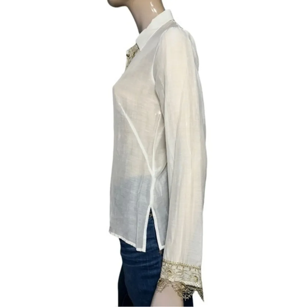 D. Exterior Womens S Ivory Cream Cotton Silk Blend Semi Sheer Button Front Shirt Gold - Image 3