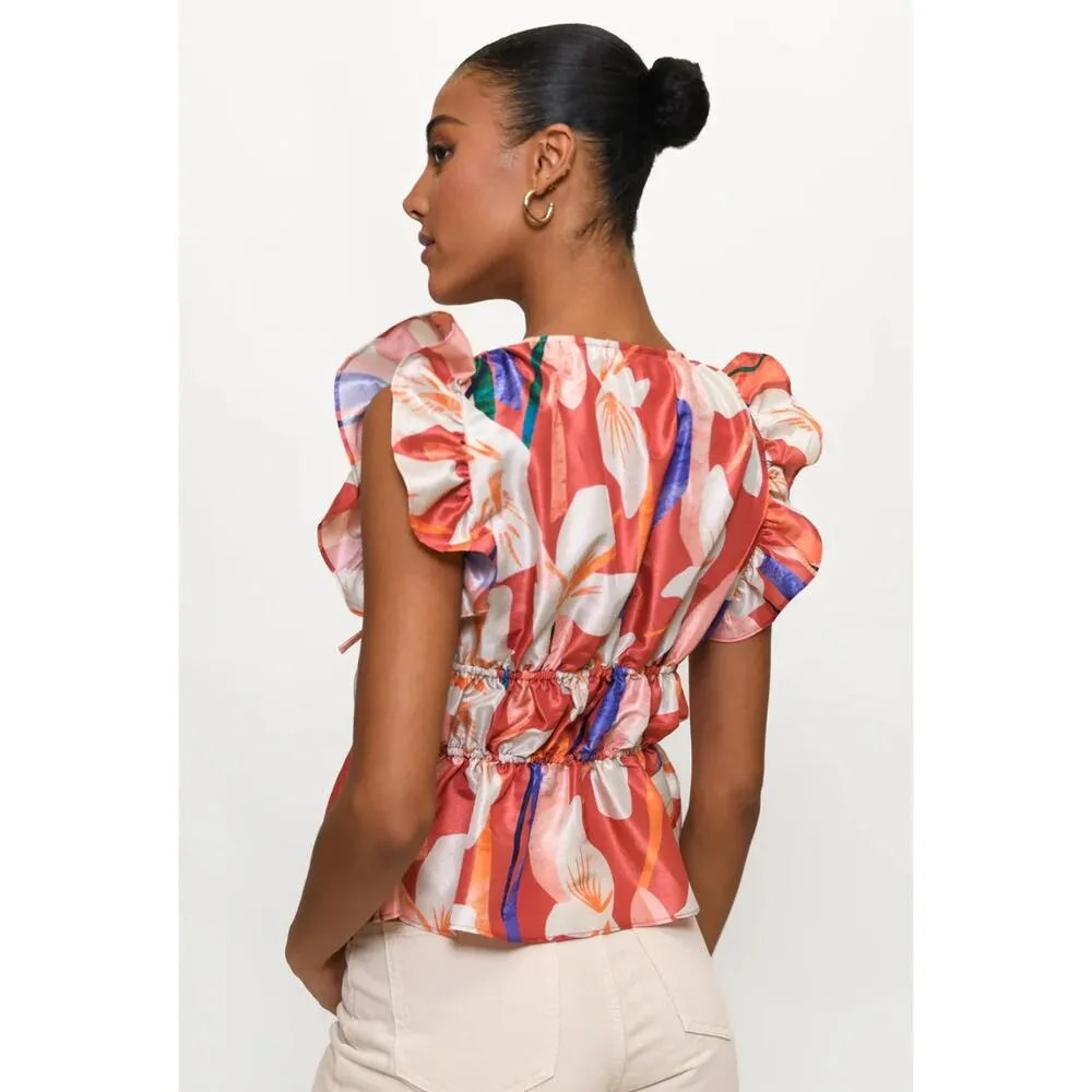 HUTCH Loni Brick Textured Orchids Ruffle Top Size Small NEW - Image 3