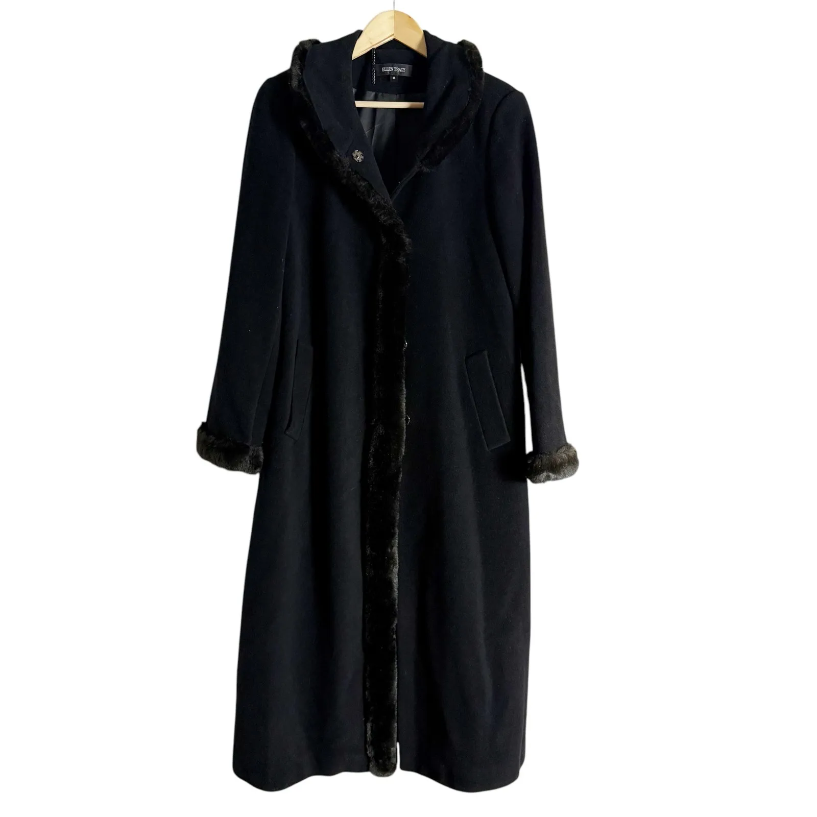 Ellen Tracy Black Faux Fur Trim Wool Blend Long Winter Coat Size 14 - Image 2