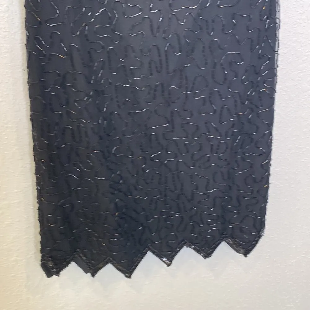 Laurence Kazar Vintage Black Short Sleeve Beaded Sequined Midi Cocktail Dress Sm - Image 2