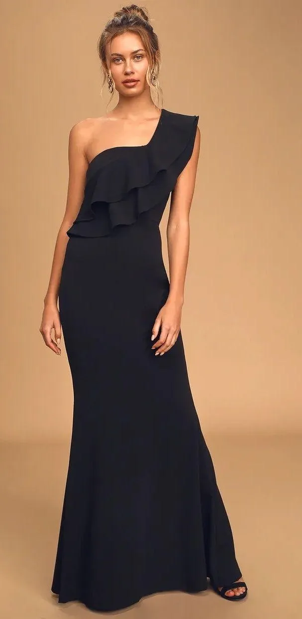 Lulus Black One Shoulder Gown - Image 3
