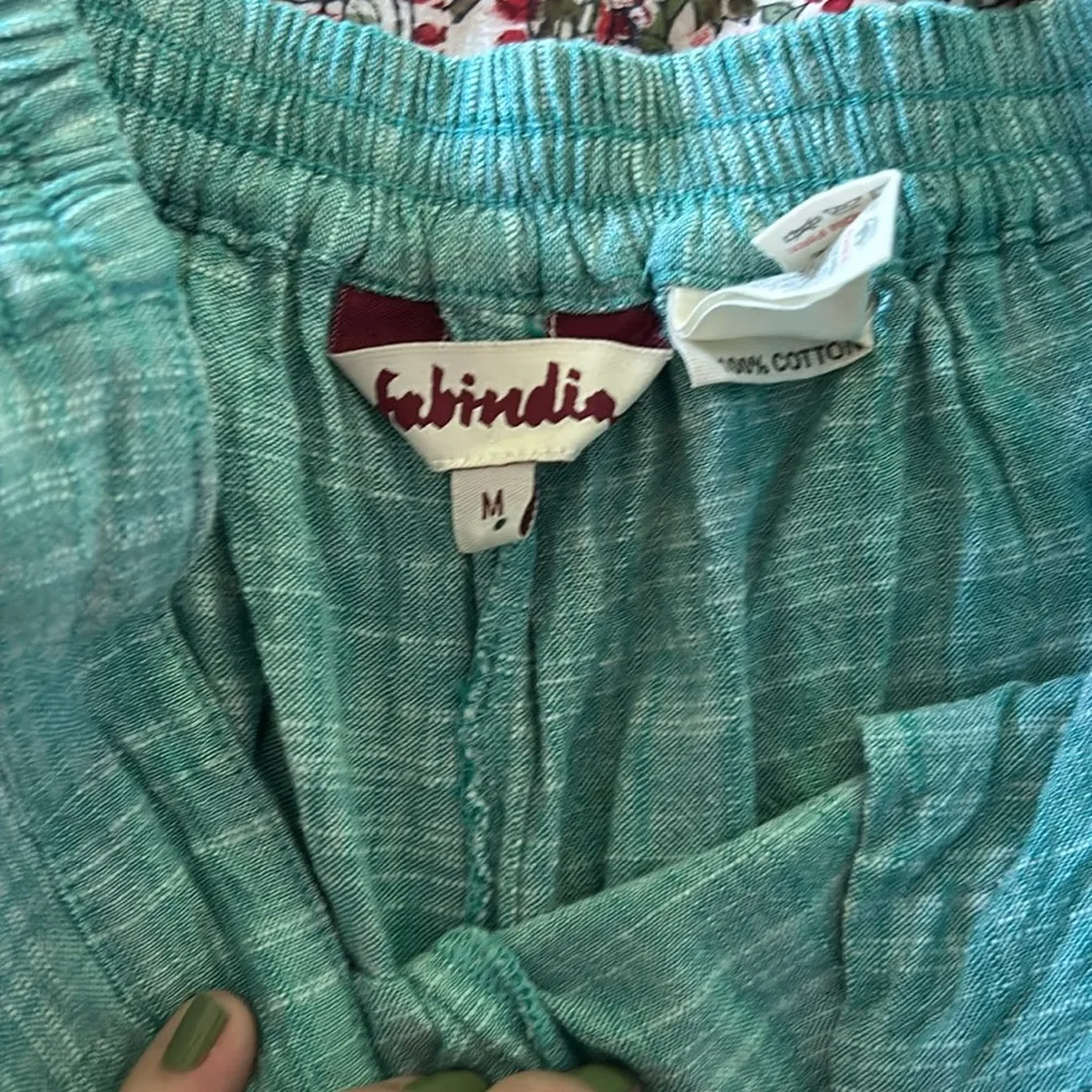 Fabindia cotton teal cropped taper leg pants trousers woven fabric Green Size M - Image 3