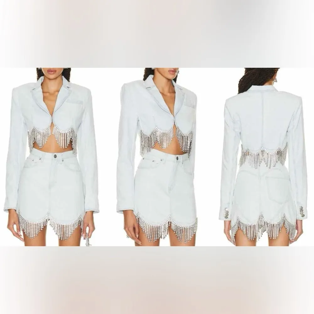 AREA Scalloped Embellished Cropped Denim Jacket in Pale Blue, Size 4, NWT Blue - Image 16