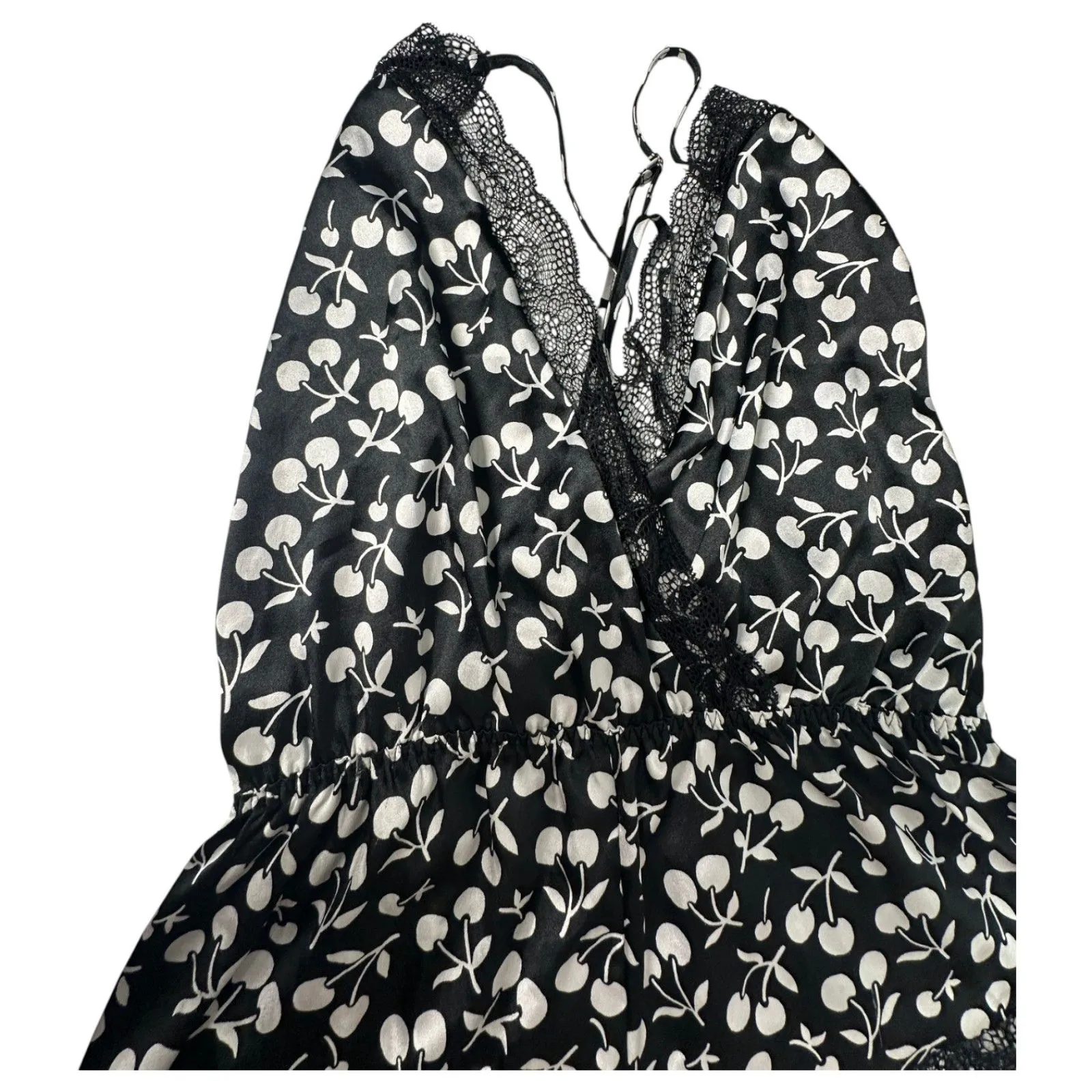 Victoria's Secret Black White Cherry Lace Sleeveless Satin Romper Size Medium - Image 3