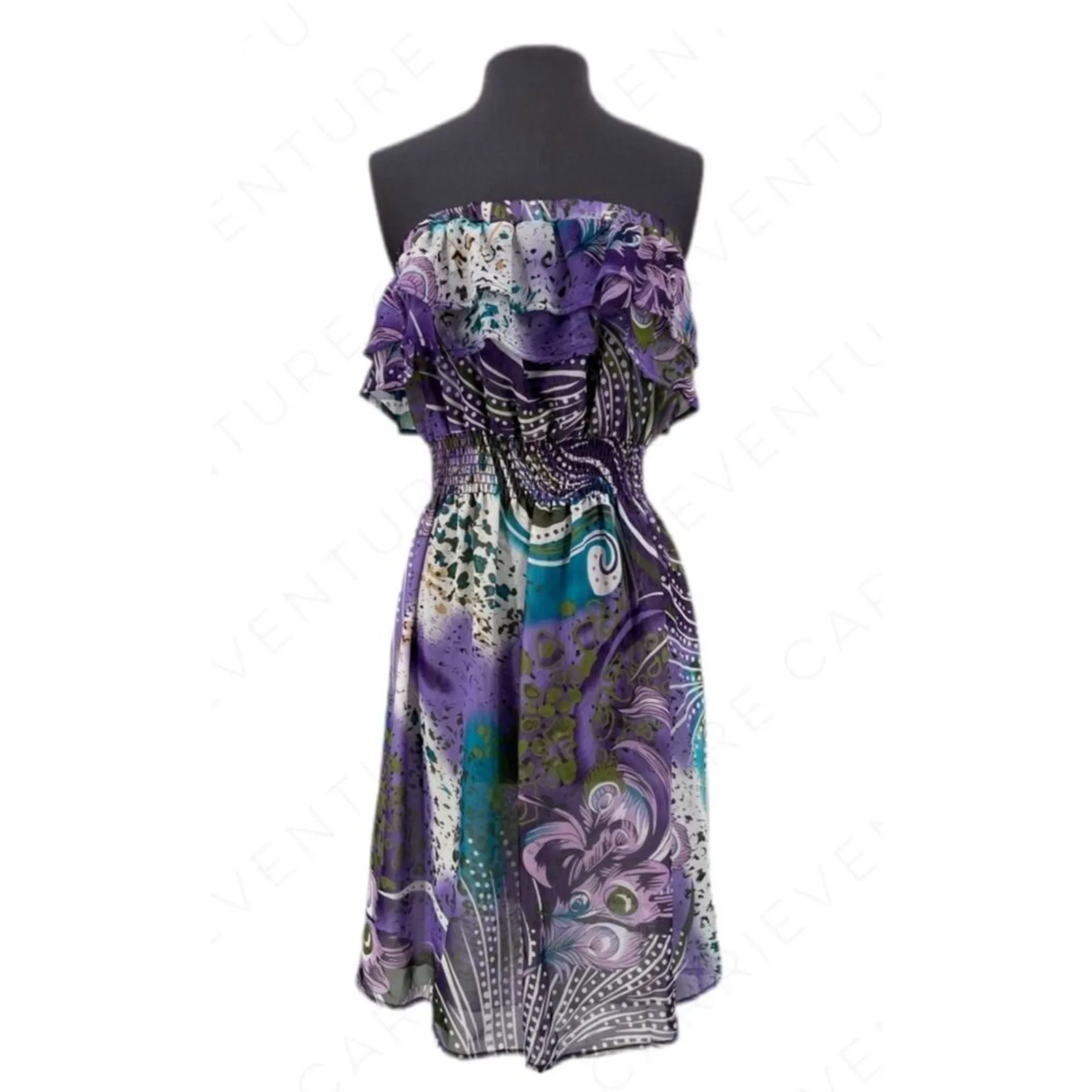 Ariella Purple Floral Printed Chiffon Dress Strapless Elasticized Stretchy Lined - Image 2
