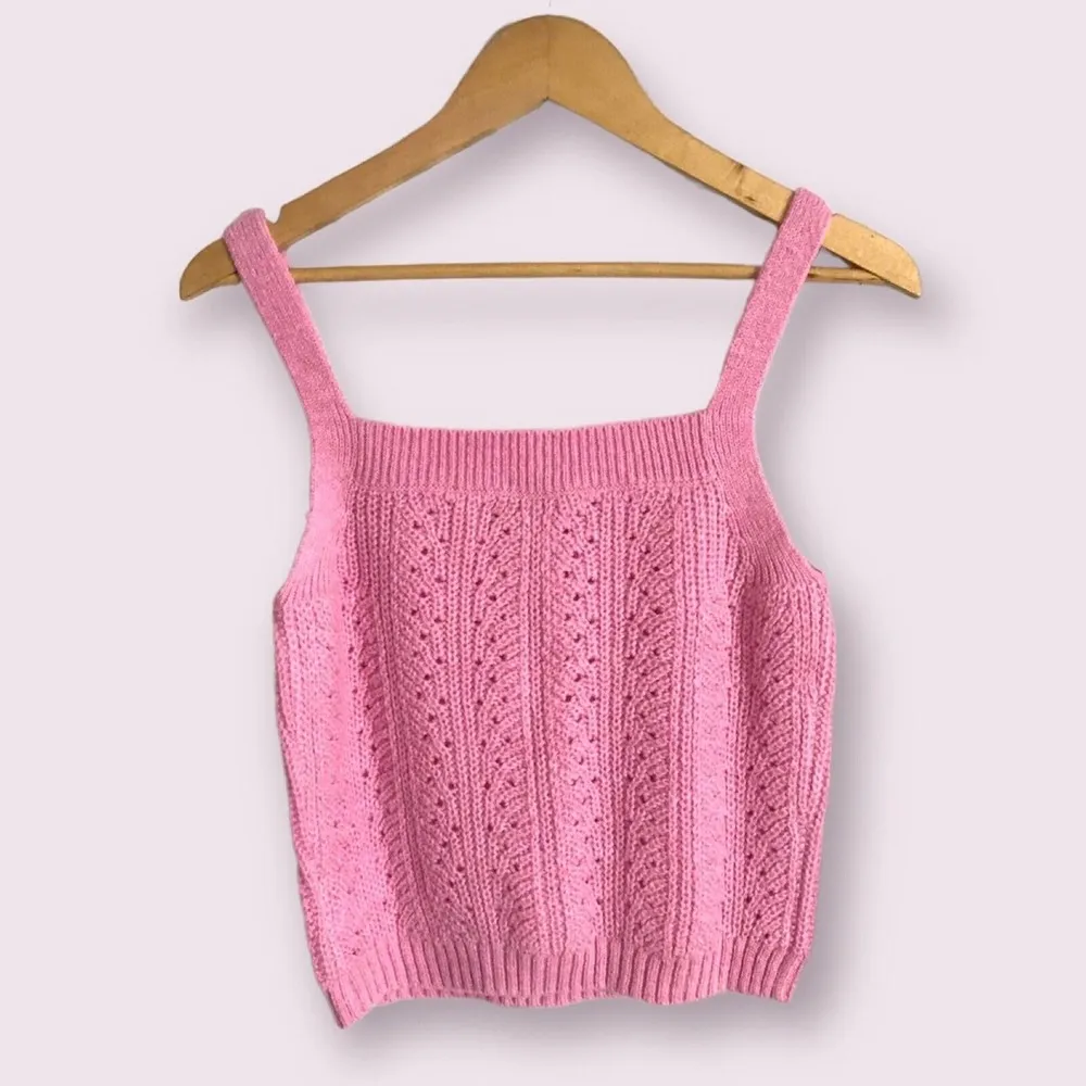 'Zabrina' Pink Pointelle Knit Square Neck Sweater Tank Top Sz M - Image 2