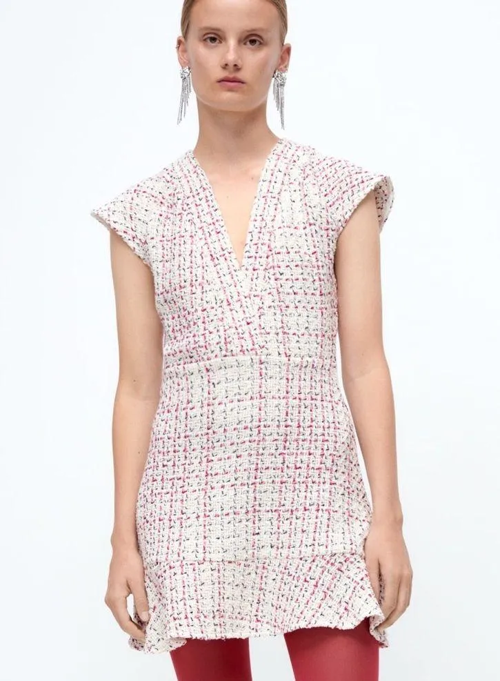 Zara Textured Weave Tweed Dress With Ruffles - Image 2
