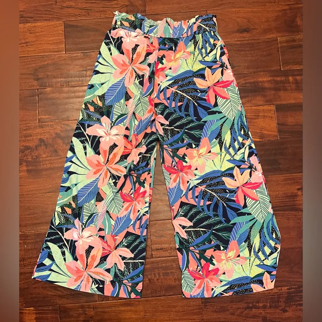 New Loft Tropical Palm Print Wide Leg Crop Linen Blend Pants Size Small - Image 7