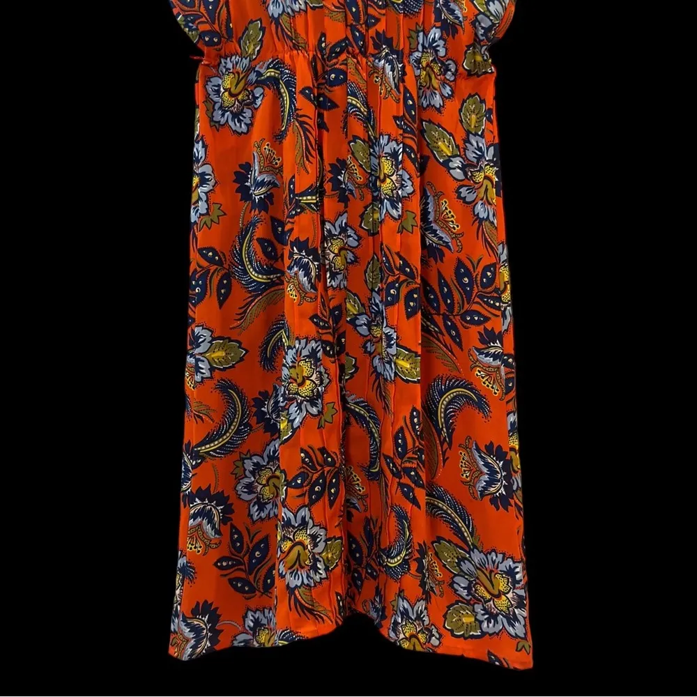 Lands'End  Orange Floral Pin-tuck V Neck Short Sleeve Midi Dress - Image 4