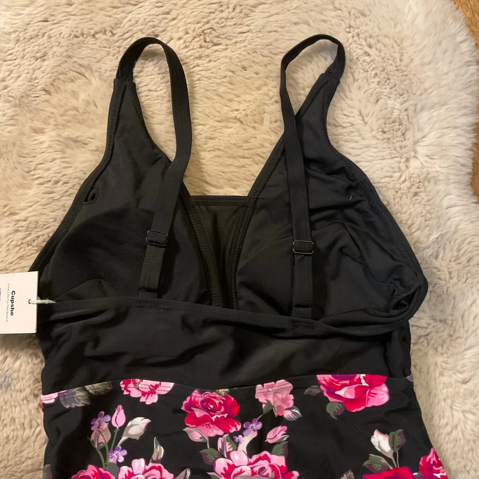 Cupshe Swimsuit Size Medium One Piece Black Floral Mesh Insert Top Women's NWT - Image 7