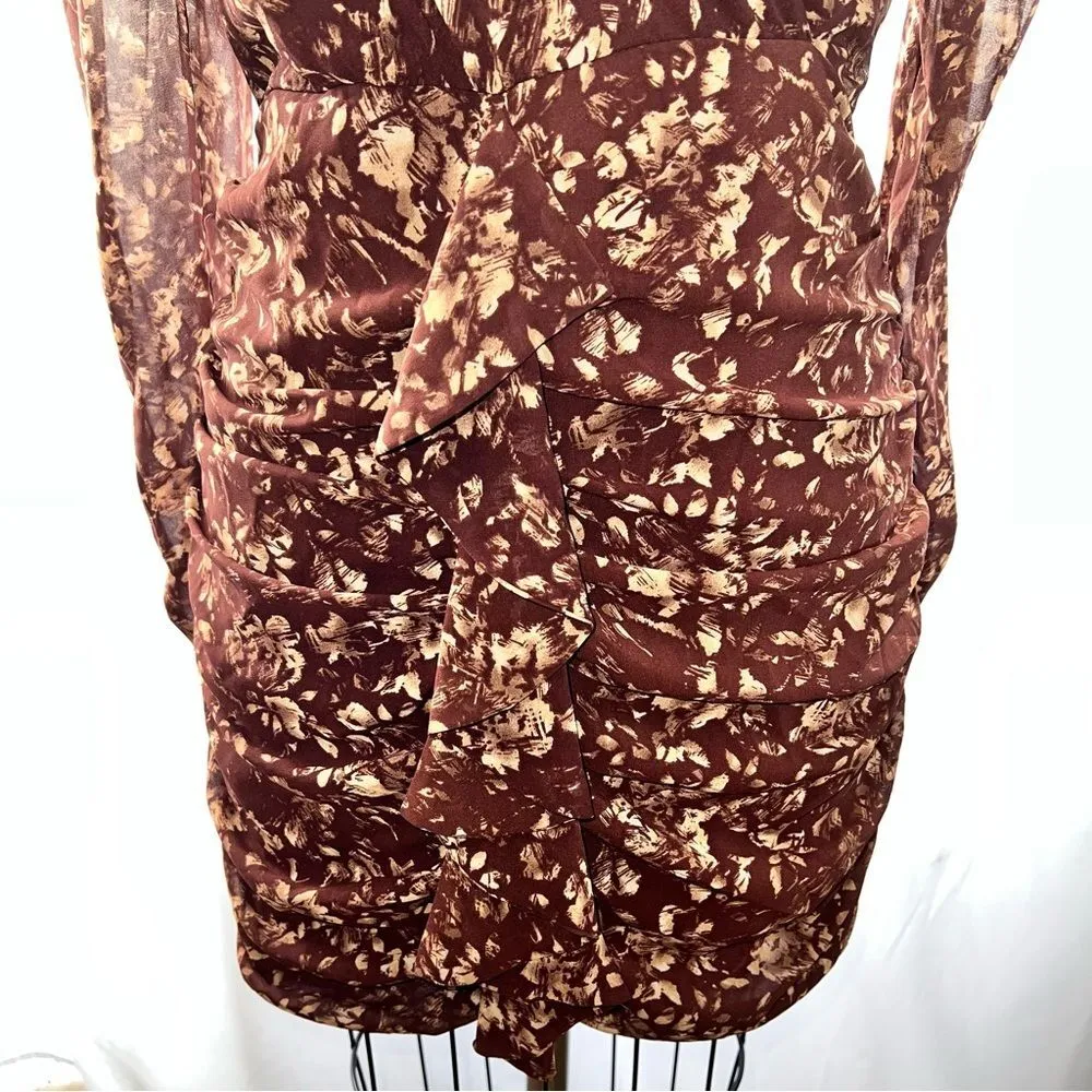 Save The Label Aura Beige/Brown Base Abstract Print Ruched Long Sleeve Dress-M - Image 3