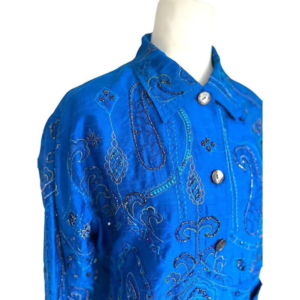 CHICOS 100% Silk Blue Beaded Blazer Artsy Button Lined Embroidered Office Small - Image 2