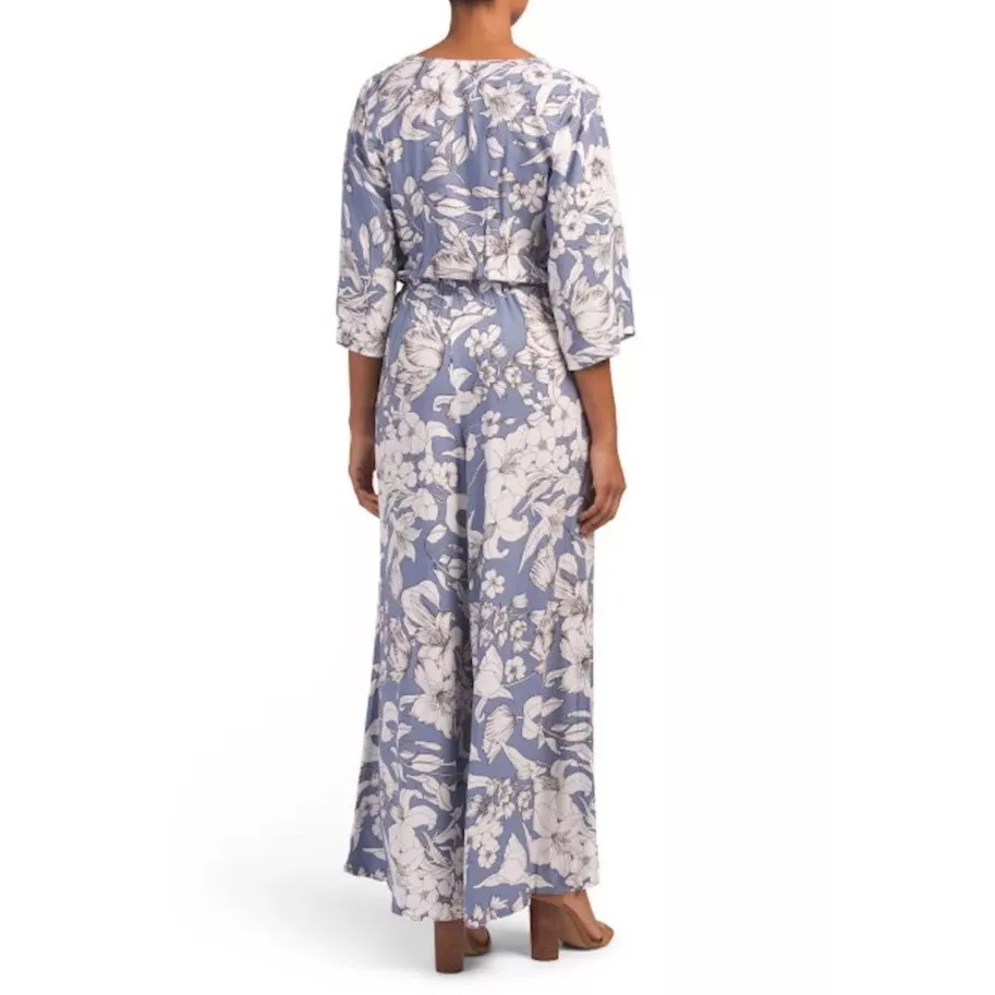 JAASE Aurora Floral Wide Leg Jumpsuit Blue White Rayon‎ Boho 3/4 Sleeve Size M - Image 2