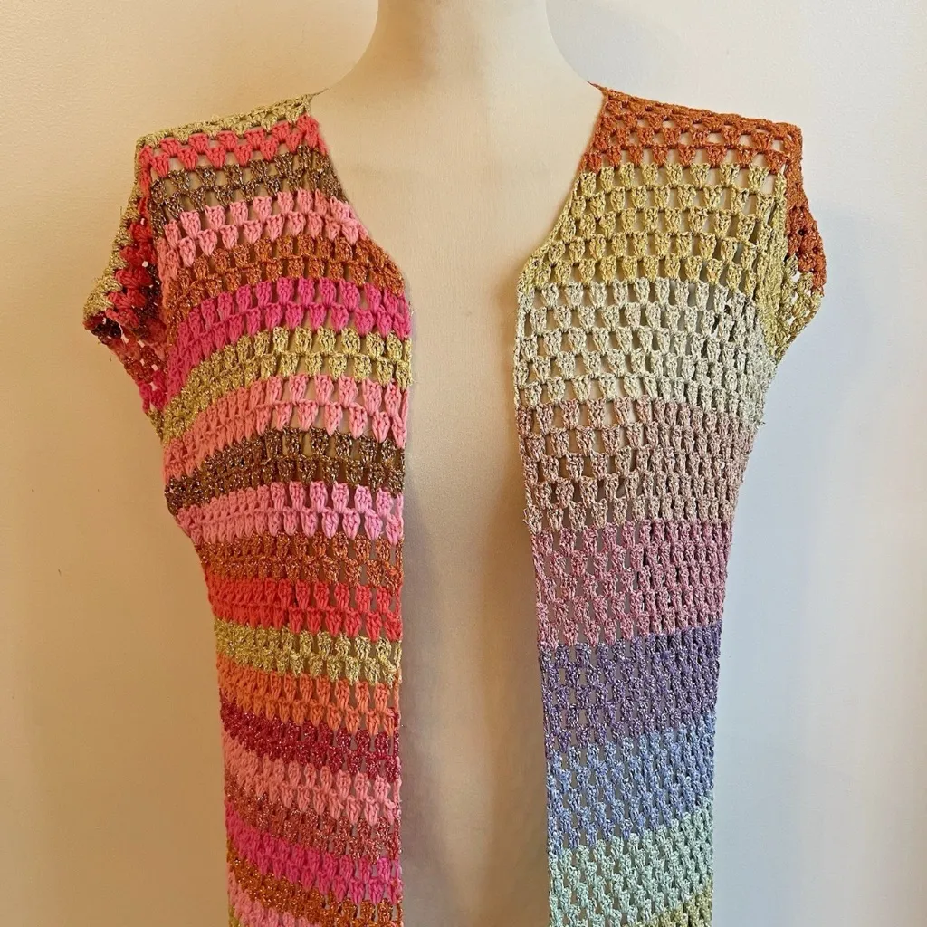 ROSE CARMINE Hand Crochet Maxi Cardigan Rainbow Stripe Metallic One Size Size undefined - Image 2