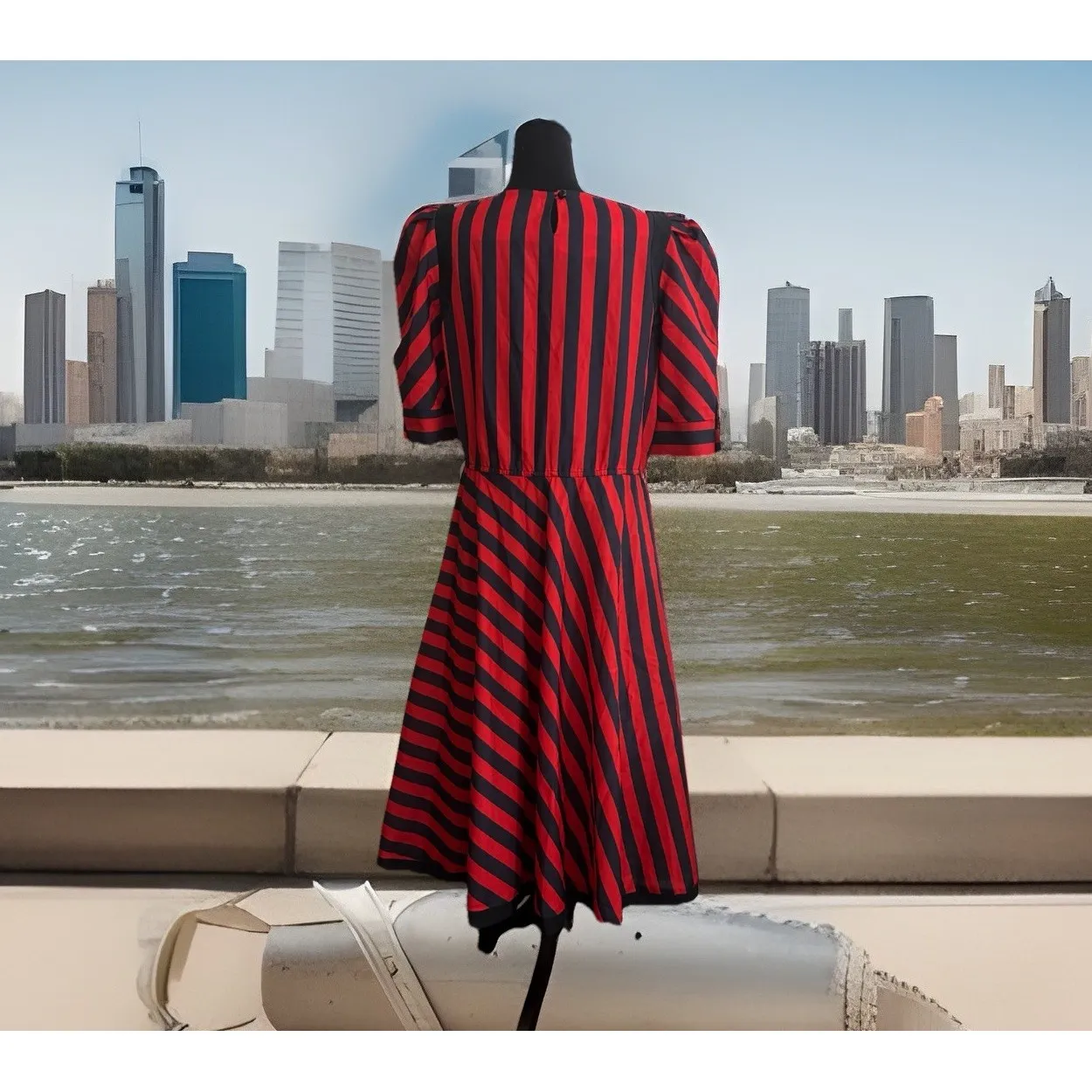 Vintage Ms.‎ Sugar Vertical Striped PuffSleeve Dress M Fashion Granma WHIMSIGOTH Red Size 8 - Image 3