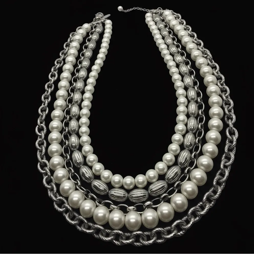 WHBM Chunky Layered Faux Pearl & Silvertone Chain Statement Bib Necklace - Image 2