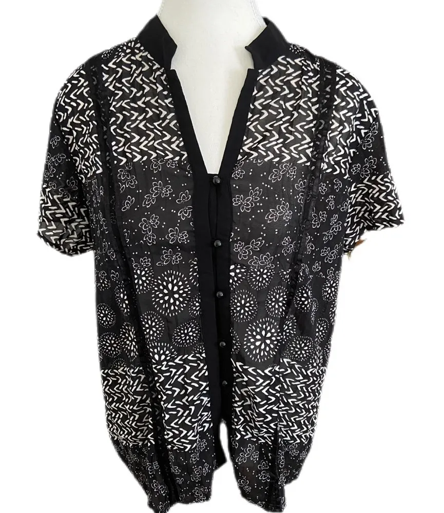 NY Collection Black and White Pattern Short Sleeve Blouse Sheer Size Large - Image 1