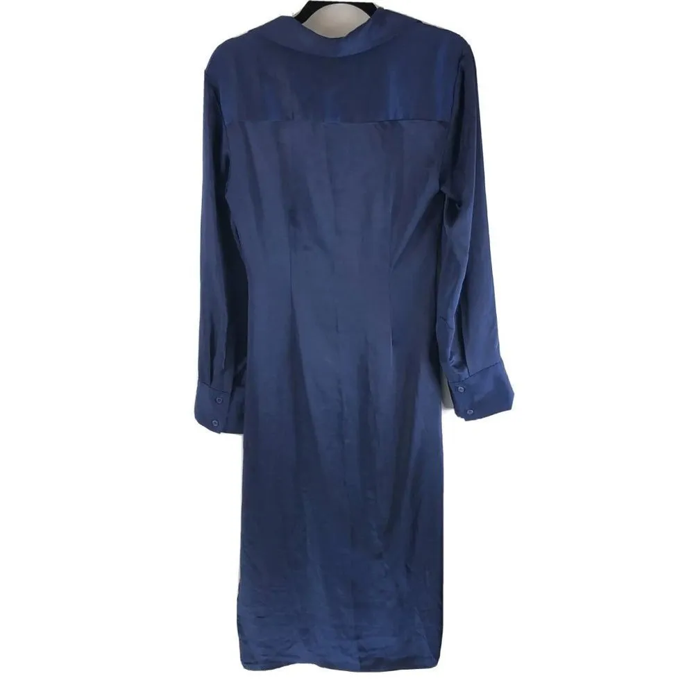 L'Academie Button Up Midi Shirt Dress Shirring Satin Long Sleeve Collar Navy S - Image 4