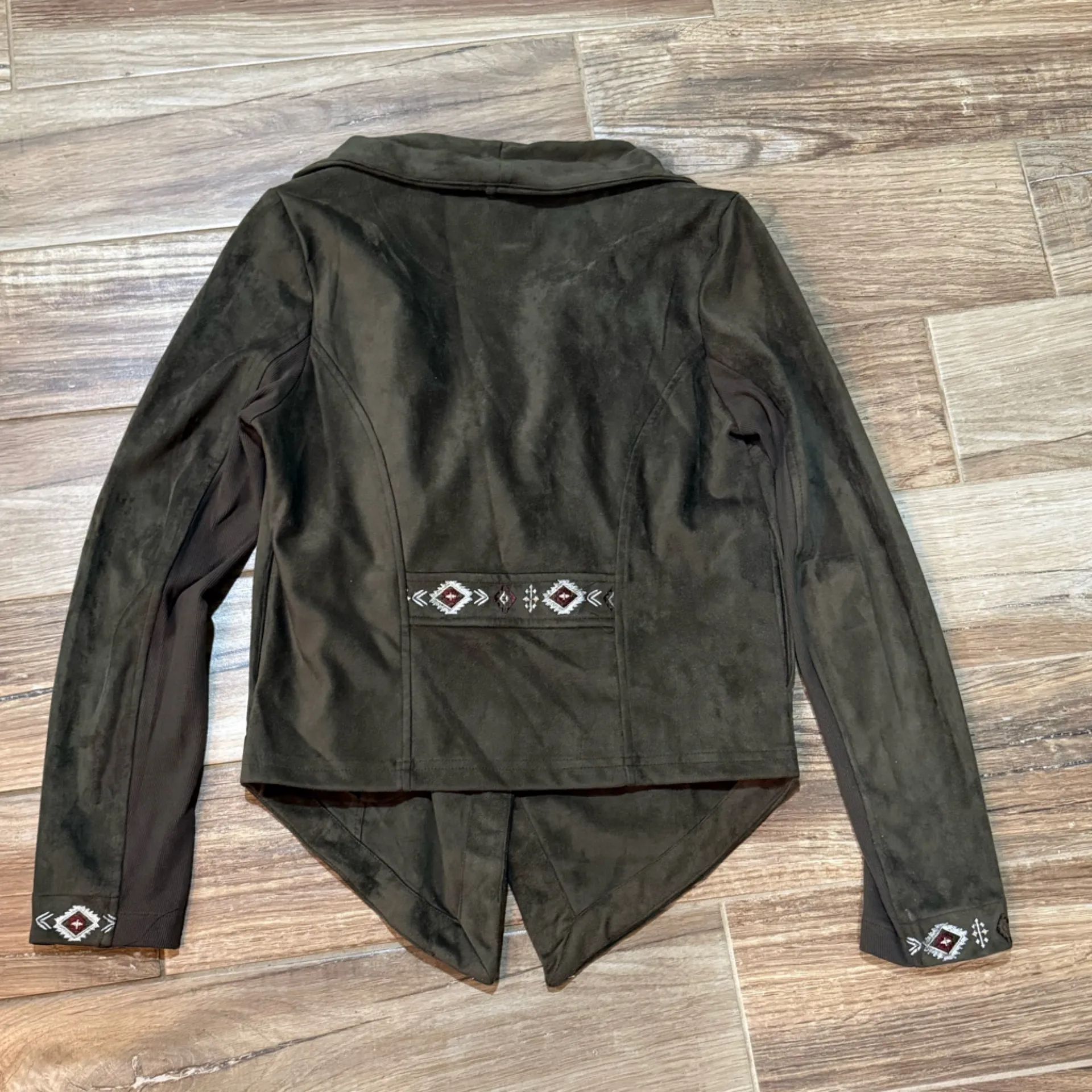 Driftwood Olive Green Faux Suede Moto Asymmetrical Zip Embroidered Jacket - Image 4