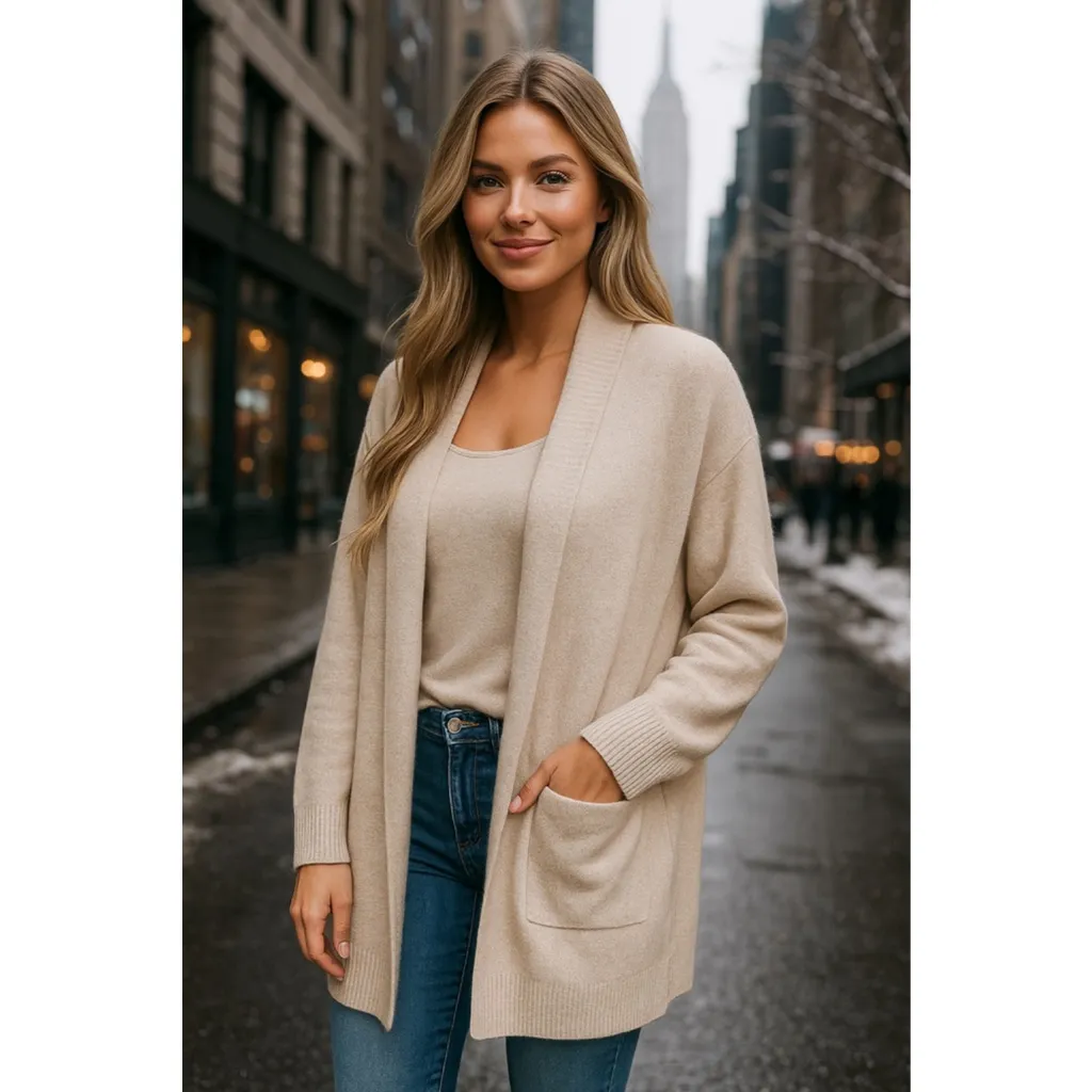 H&M Soft Knit Open Front Cardigan Oatmeal Beige Cozy Minimalist Neutral Scandi - Image 2