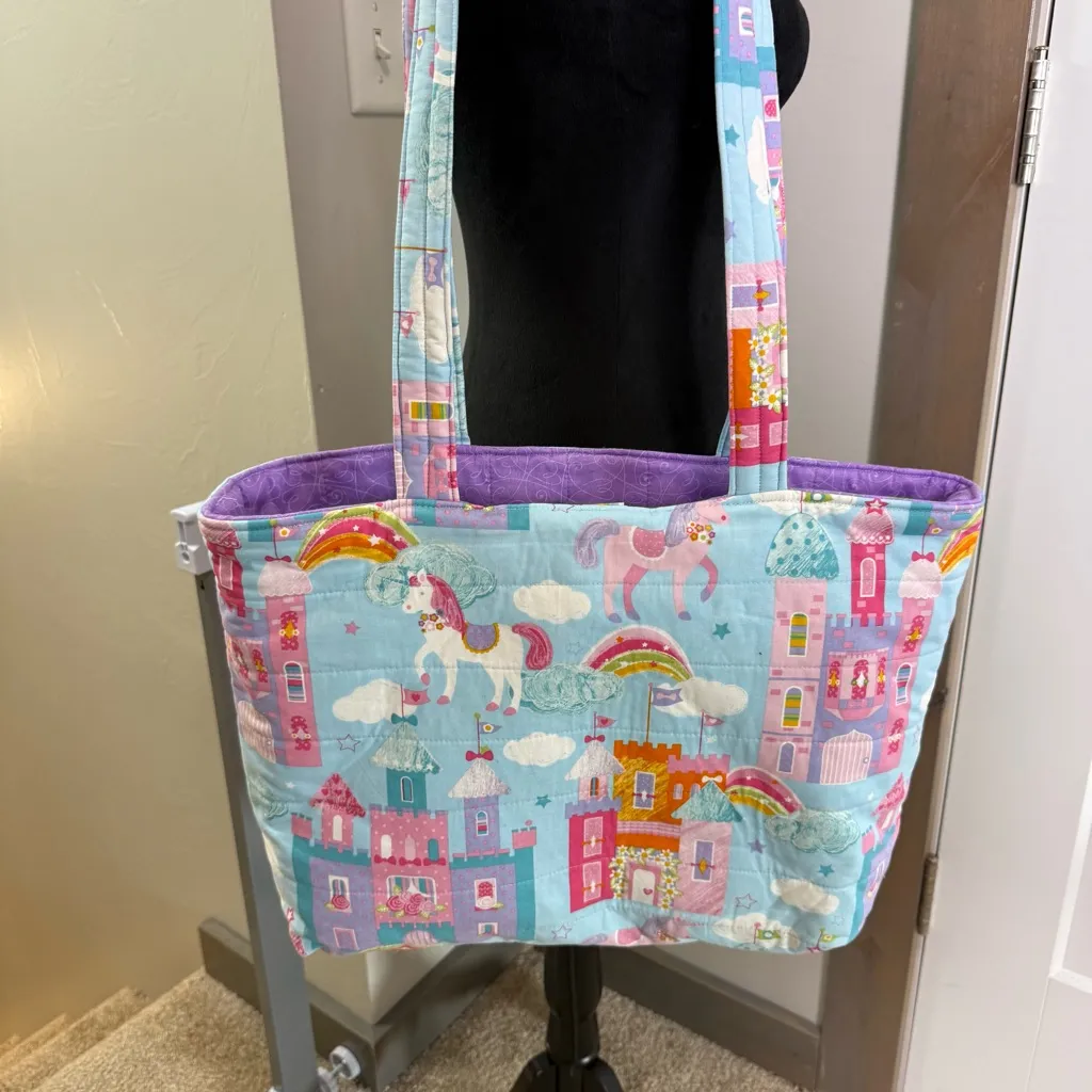 Handmade Quilted Tote Bag Castles Unicorns Fantasy Pink Purple Blue Large Purse - Image 6