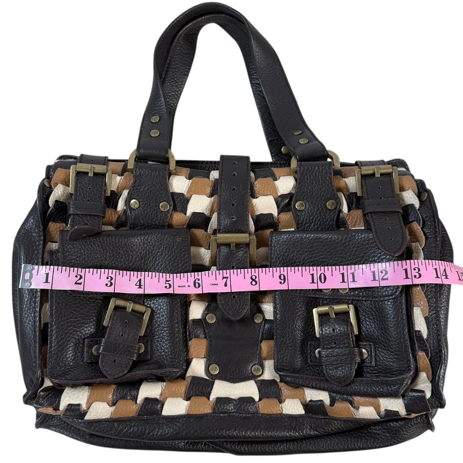 Mulberry Roxanne Bag Tricolor Woven Leather Satchel Brown Black Cream Rare VTG - Image 5