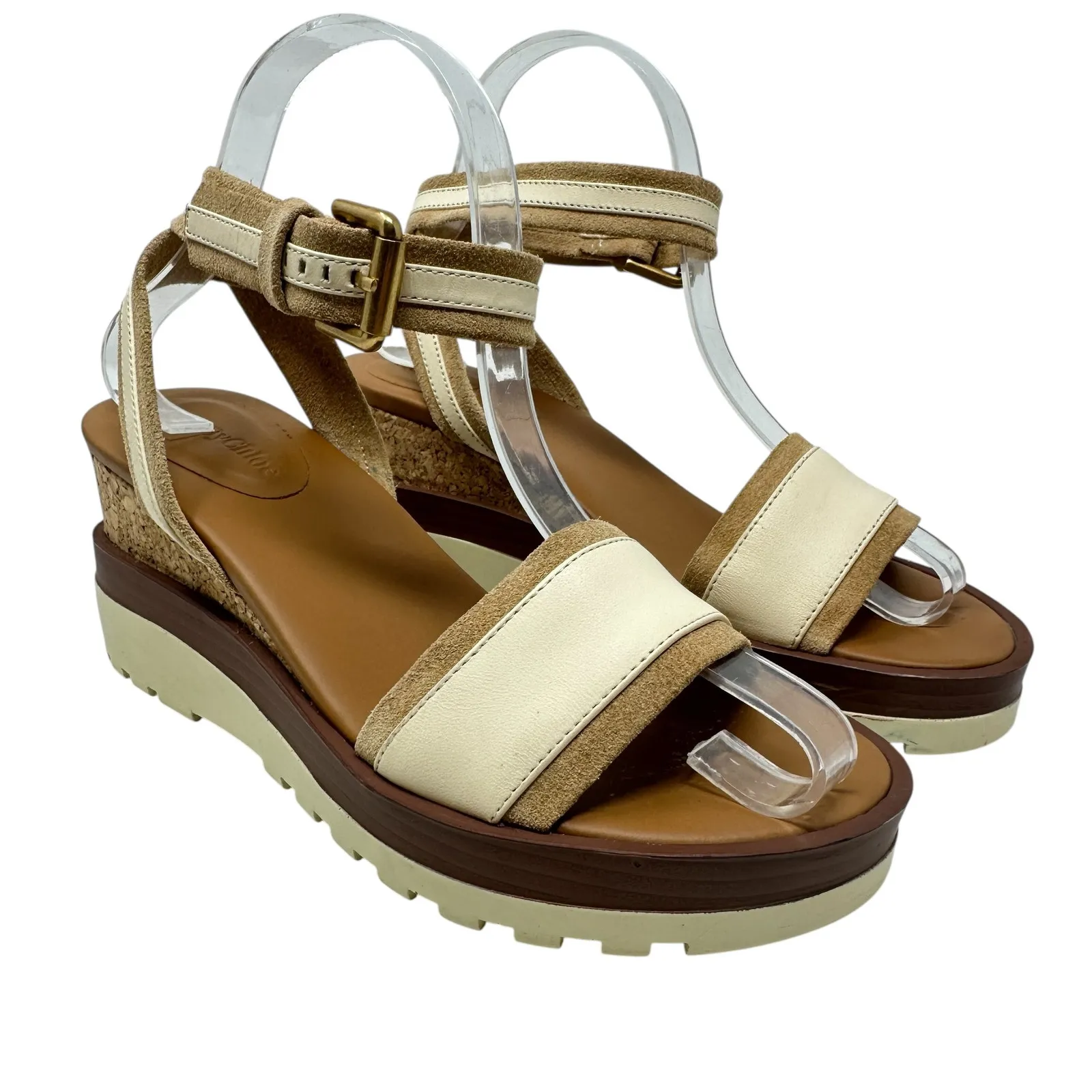 See by Chloe Robin Platform Wedge Sandals Leather Cream Tan Size 37 US 7 - Image 1