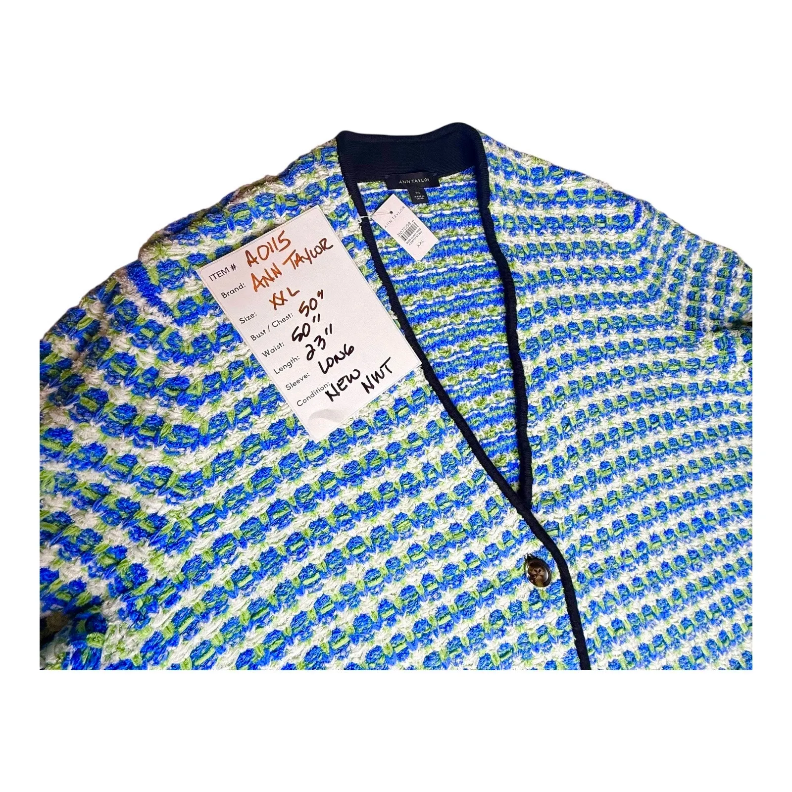 Ann Taylor Tweedy Sweater Jacket Women's XXL Button V Neck Soft Blazer Blue New - Image 8