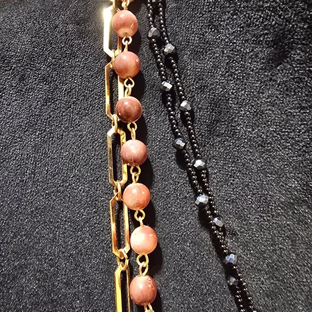 Womens Peach Pearl Rosary Chain Gold Tone Black Bead 3 Strand Pendant Necklace Orange - Image 5