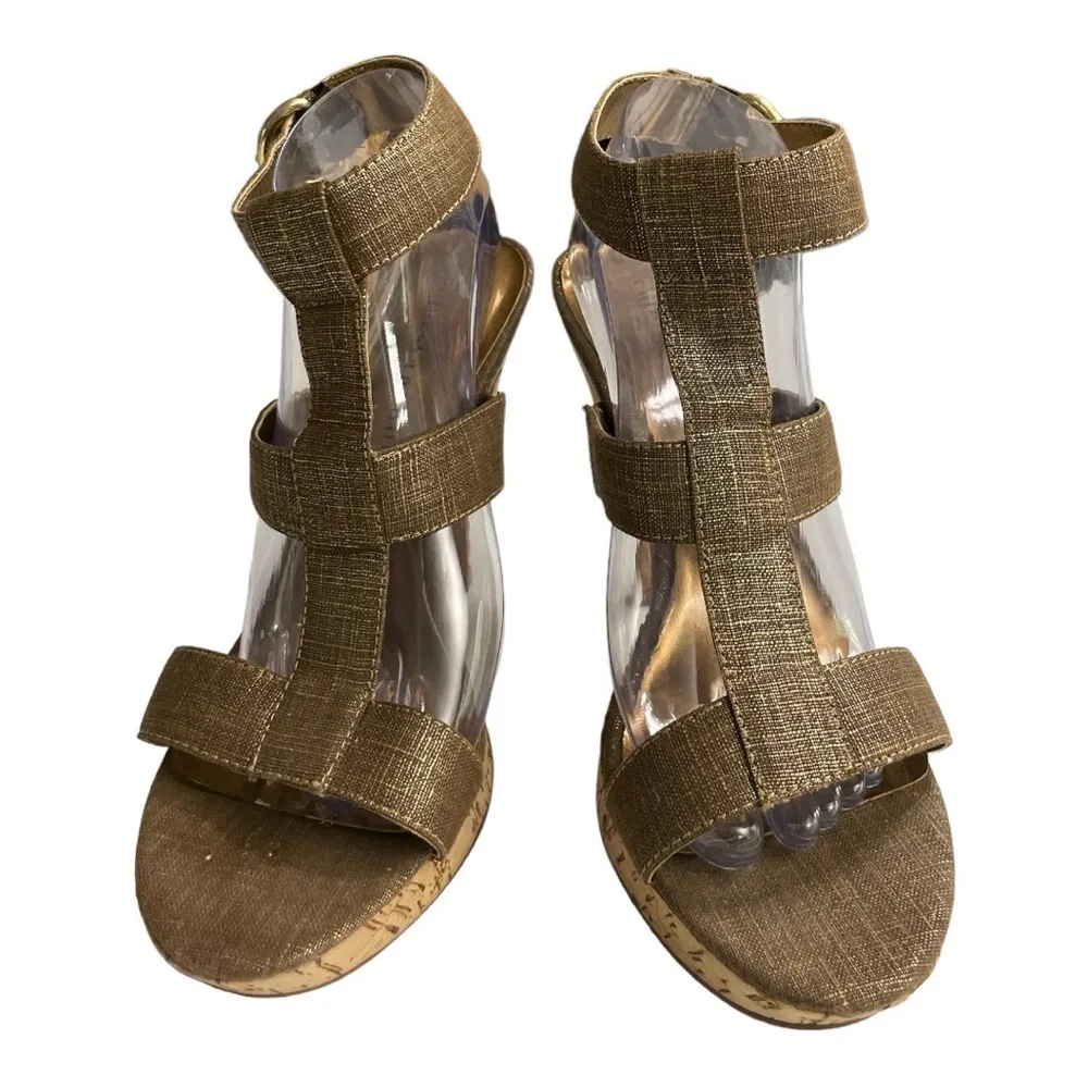 Chinese laundry denim and gold strapped cork heels size 10M - Image 2