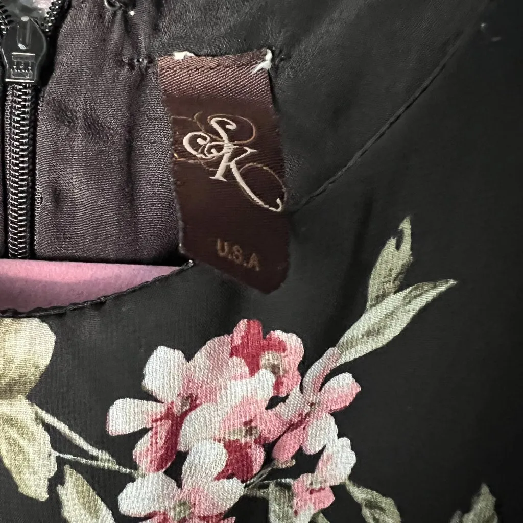 Vintage SK Dress Black Floral Blouson Pleated Mini Dress - Image 2