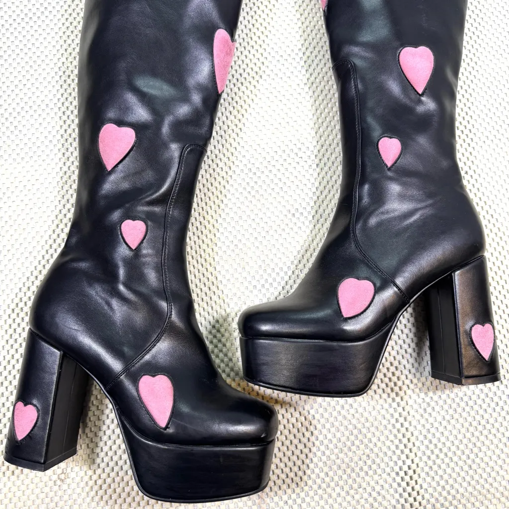 Lamoda Candyfloss Love Platform Knee High Black Boots Pink Faux Suede Hearts Size 6 - Image 14
